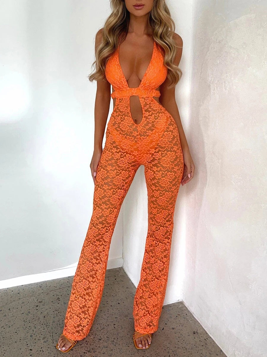 Mesh Sleeveless Open V Floral Lace Jumpsuits