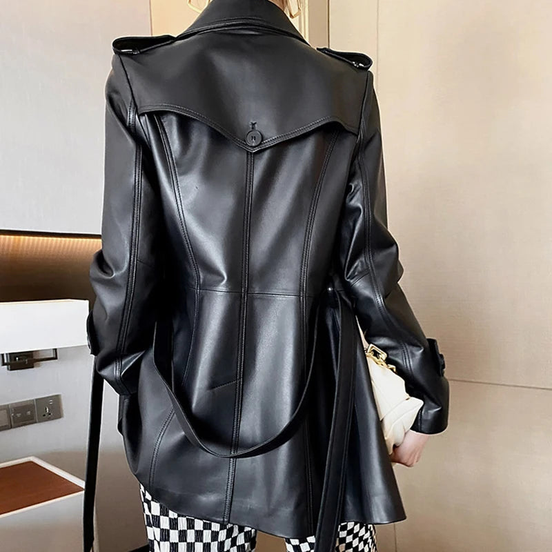 Sheepskin Coat Women's Winter New Fashion Lapel Double-Breasted Belt Waist Closing Medium to Long Genuine Leather Jacket Trench