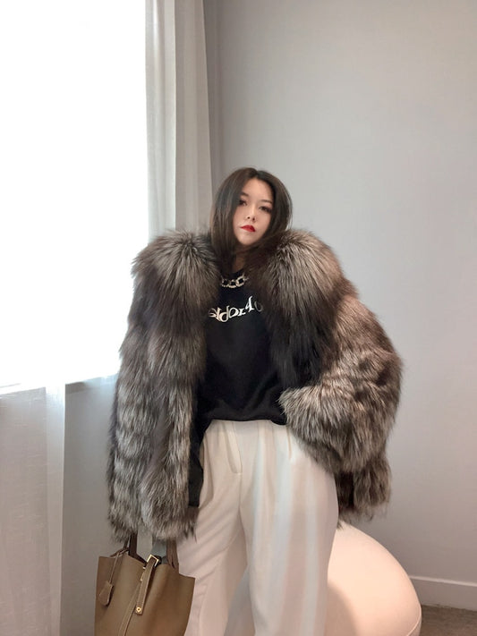 Luxury Dark Silver Real Fur Hooded Coat