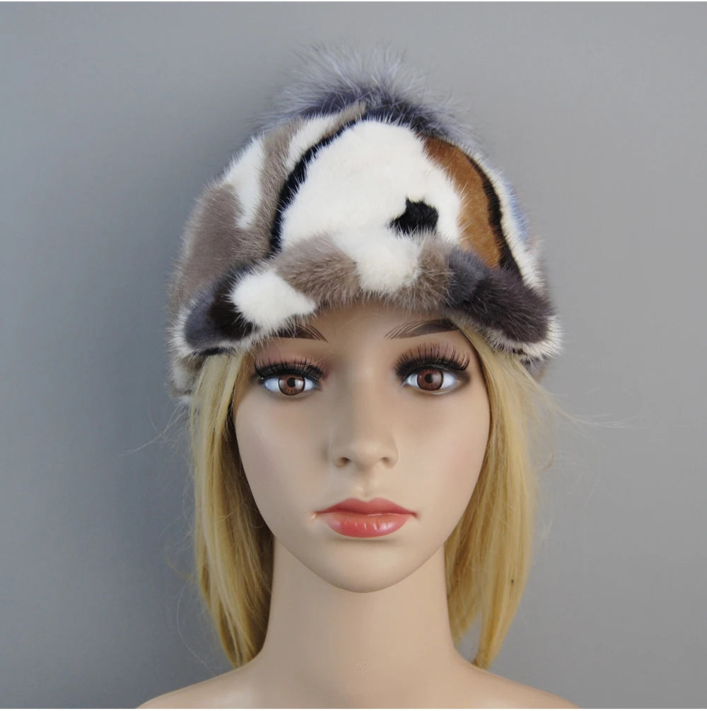 Colorful Real Mink Fur Bomber Hats Fur Pompom