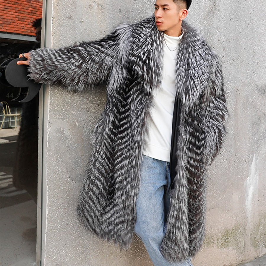 Sliver Knitted Pattern Real Fox Fur Long Coat