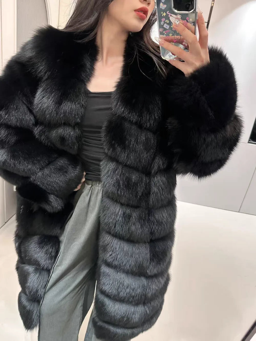 Pattern Long Real Fox Fur Coats