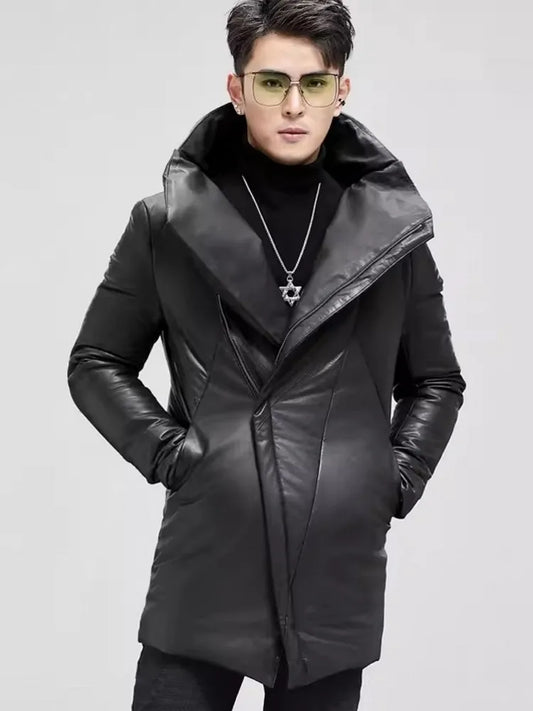 Genuine Leather Mid Length Down Coats Lapel Collar