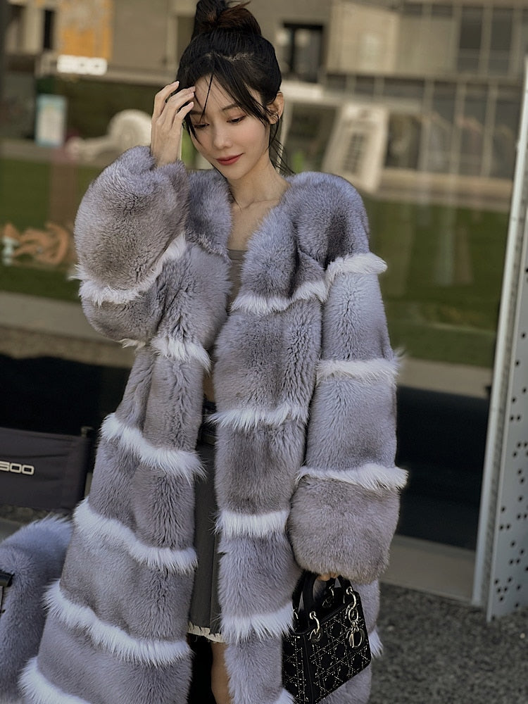 Luxury X-Long Fur Coat Detachable Big Fur Collar