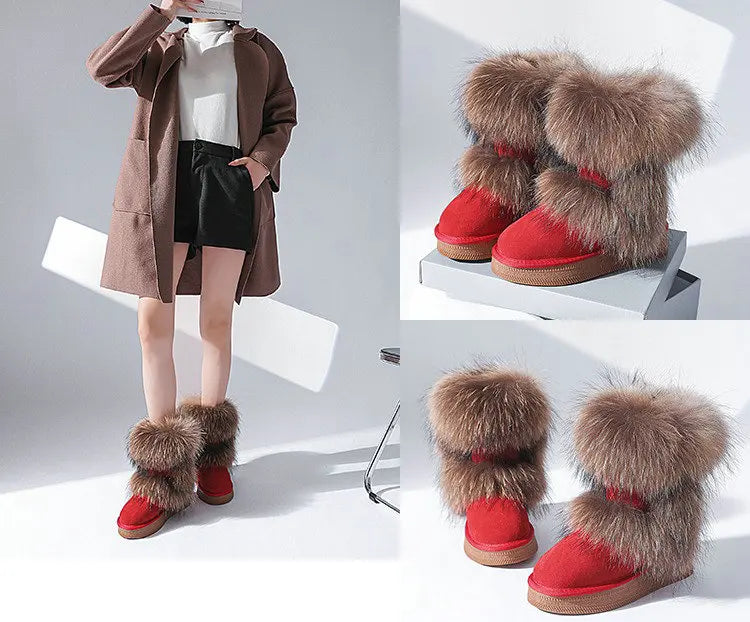 Genuine Leather Waterproof Snow Boots Real Fur