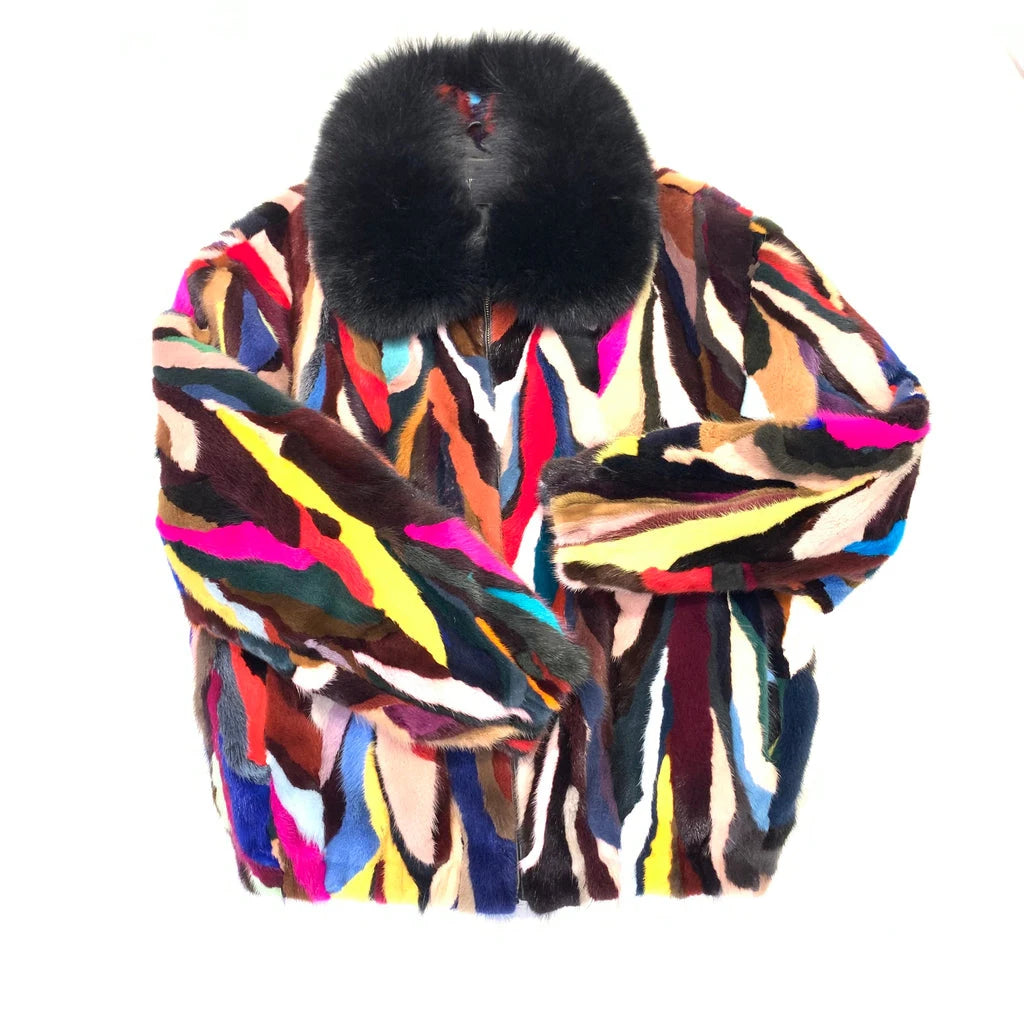 Multicolor Real Mink Fur Fox Fur Collar Fur Bomber