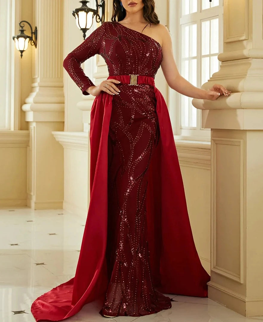 Sequin One Shoulder Waist Shawl Long Dresses