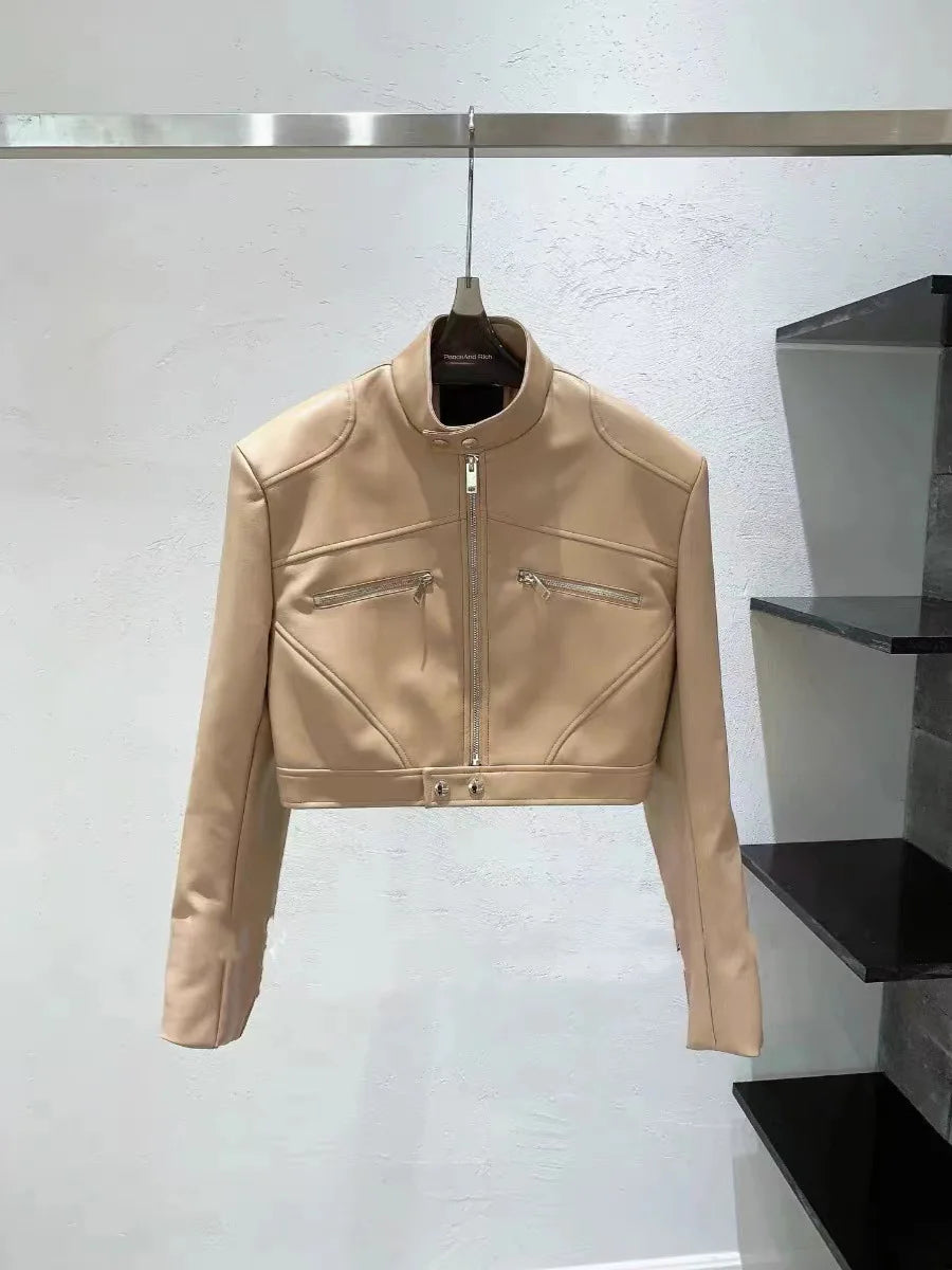 Short Pu Leather Jackets Stand Collar