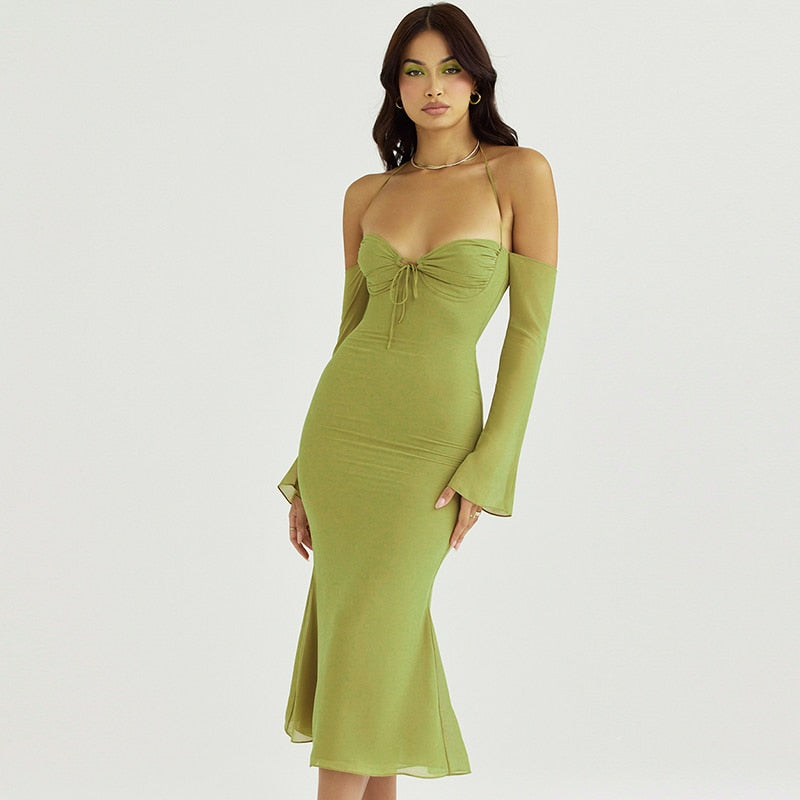 Halter Off Shoulder Long Sleeve Midi Dresses