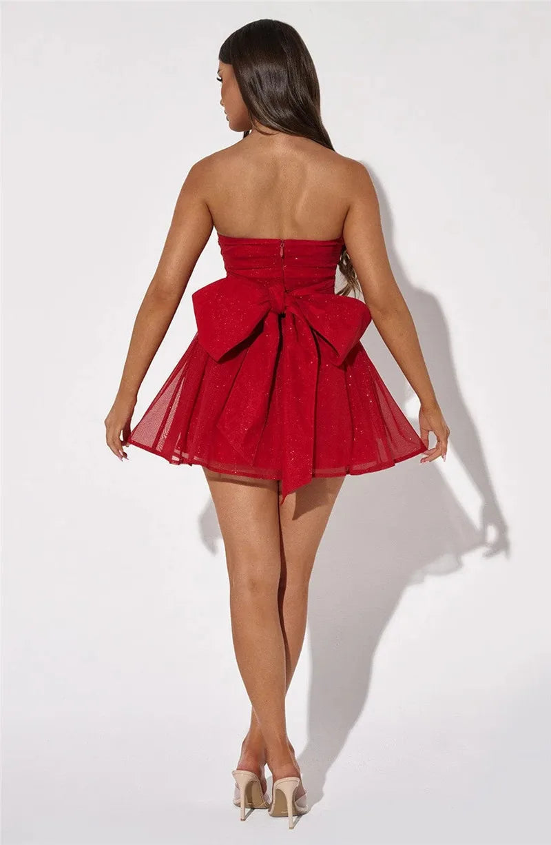 Sparkle Mesh Strapless Backless Bow Mini Dresses