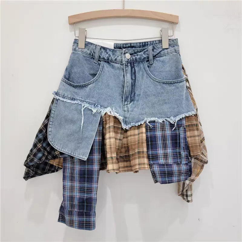 Denim Plaid Patchwork Irregular Mini Skirts