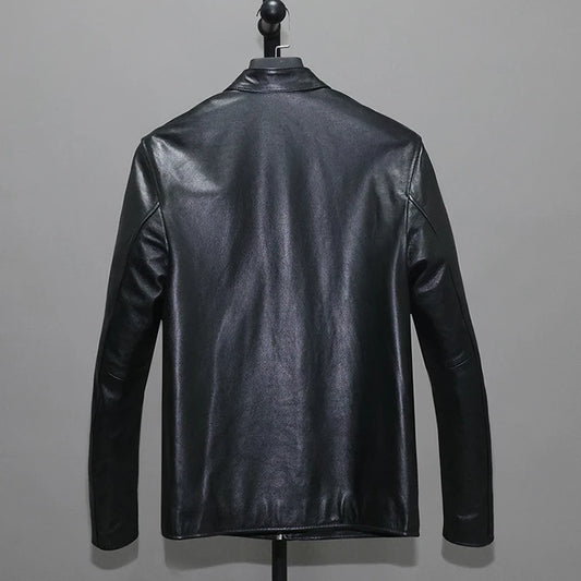 Genuine Leather Jacket Slim Fit Stand Collar Multi Pocket