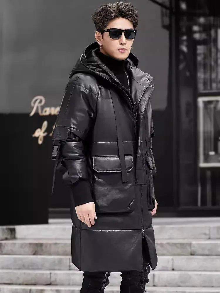 Genuine Leather Long Trench Down Coat Hooded