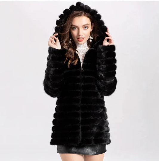 Knitted Natural Real Fur Mink Coats  Hooded