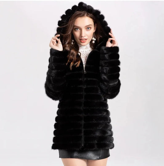 Knitted Natural Real Fur Mink Coats Hooded