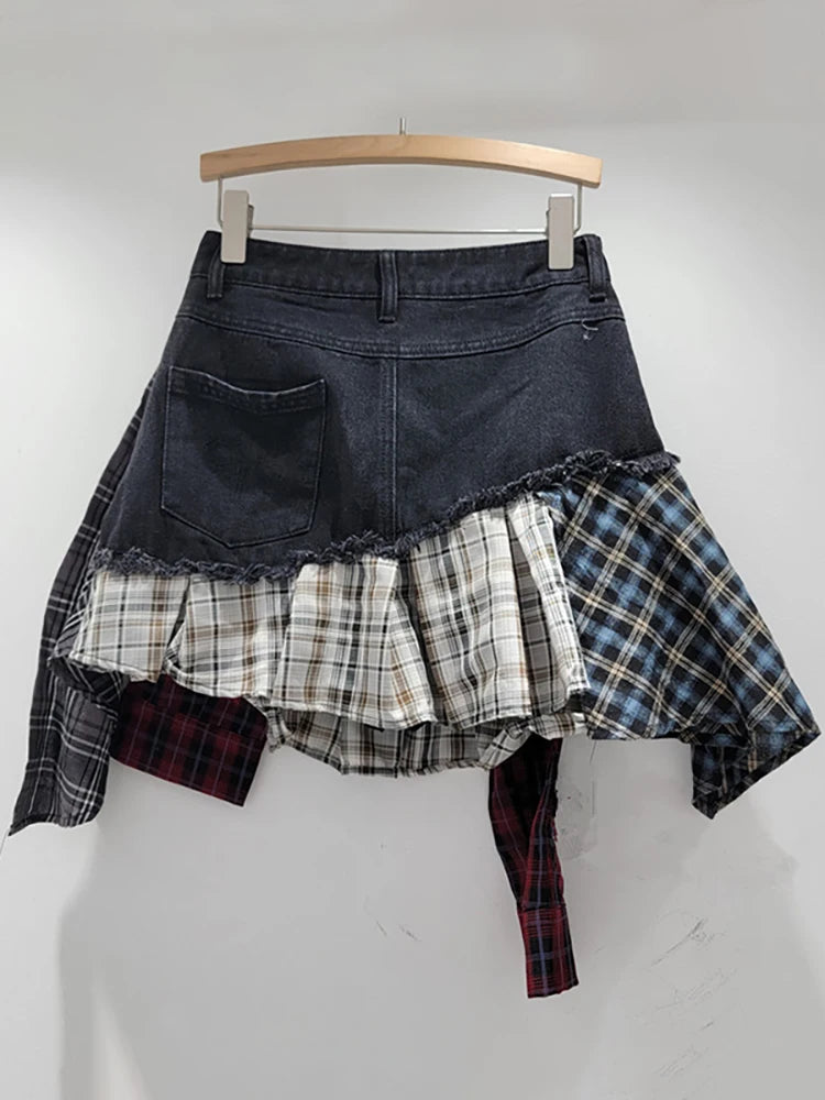 Denim Plaid Patchwork Irregular Mini Skirts