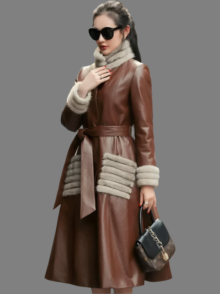 Genuine Leather Long Down Coats Real Mink Fur