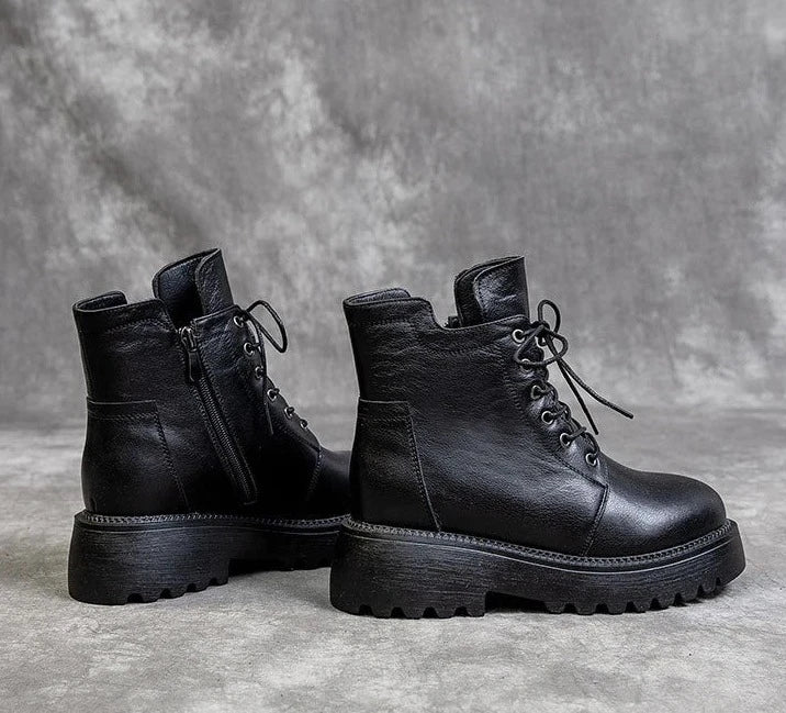 Black Platform Genuine Leather Ankle Boots