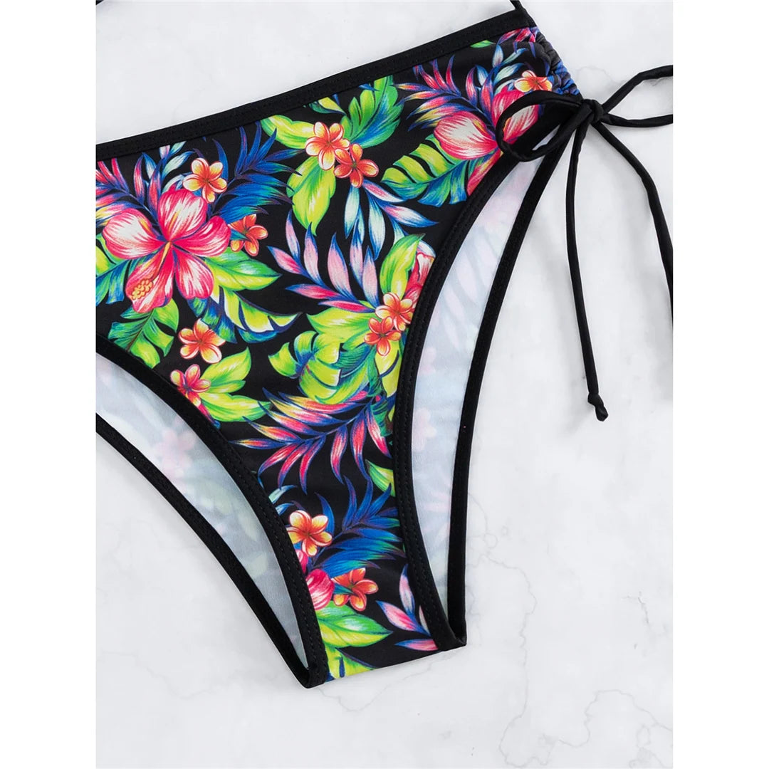 Black Flower Print Bikini Sets