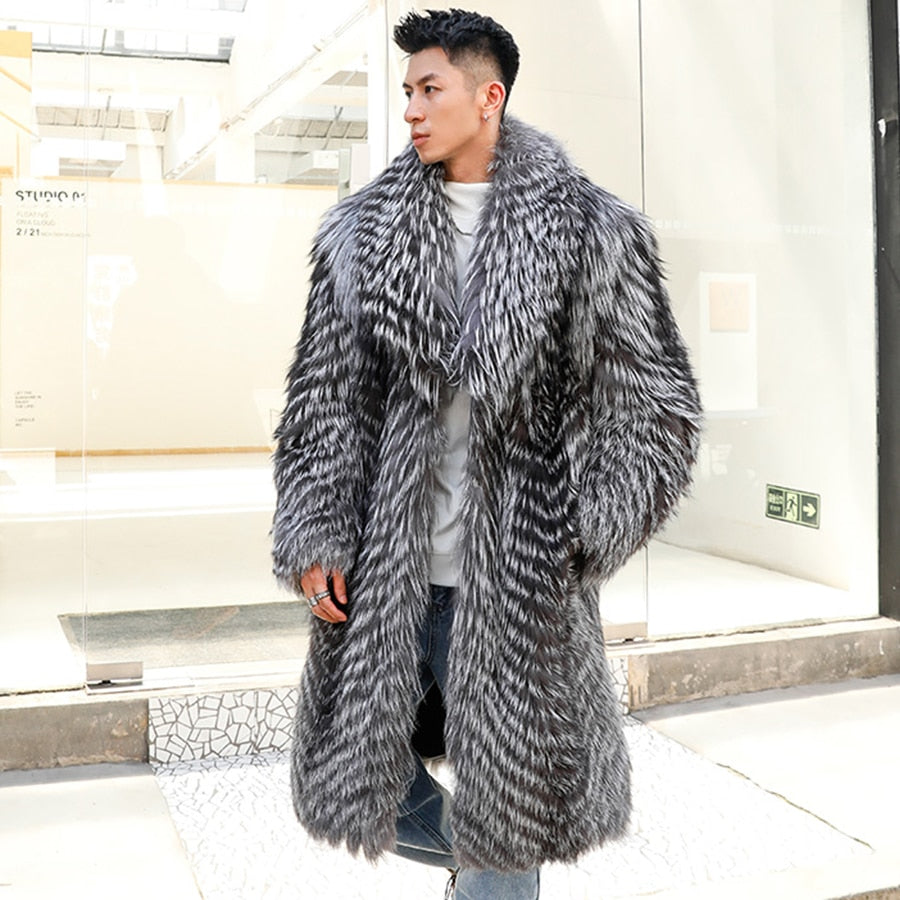 Sliver Knitted Pattern Real Fox Fur Long Coat