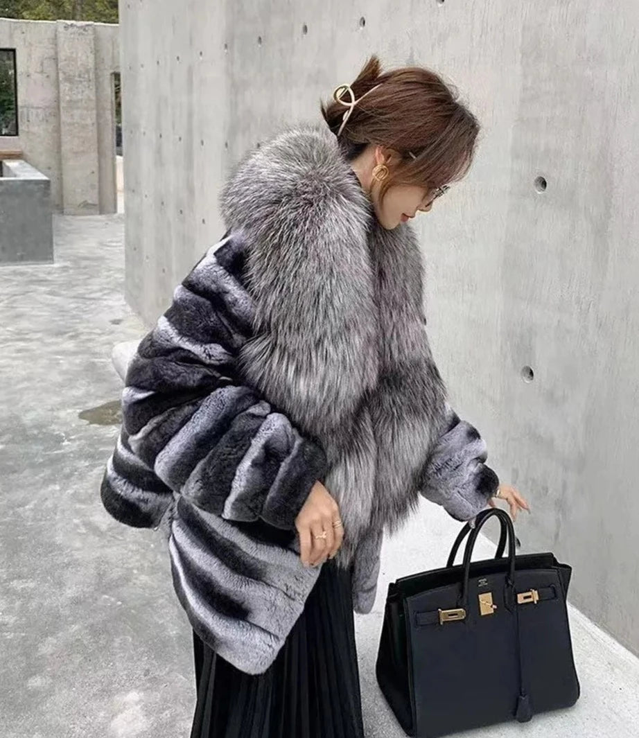Chinchilla Style Real Rabbit Fur Coat Huge Fur Collar