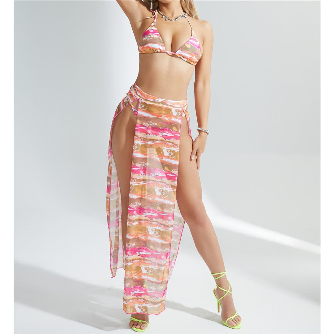 Print Halter Bikini Set & Long Skirt