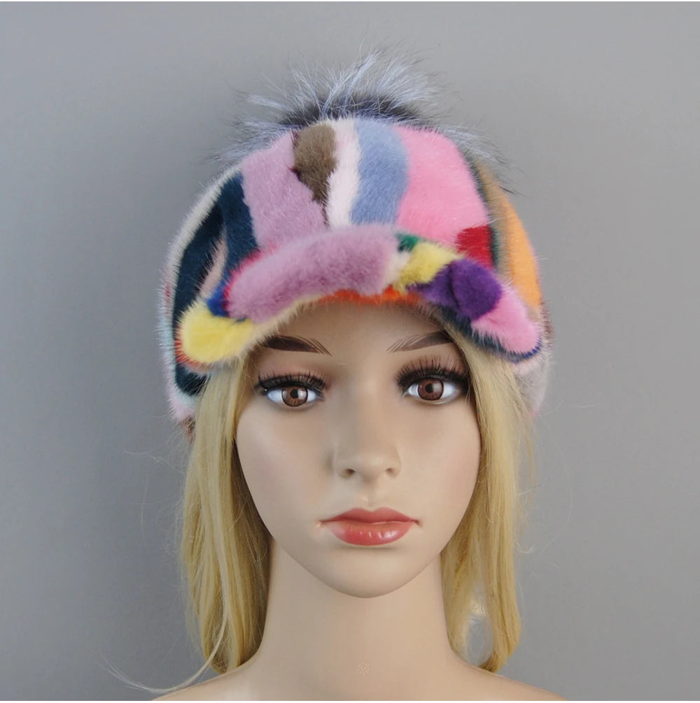 Colorful Real Mink Fur Bomber Hats Fur Pompom