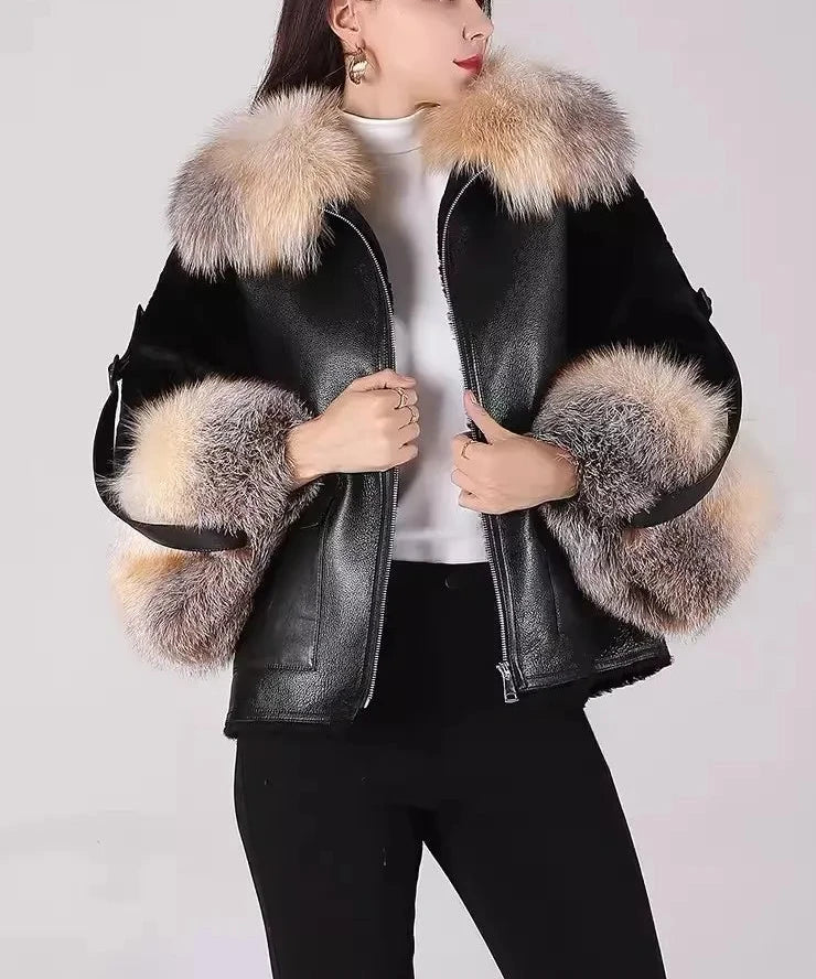 Genuine Leather Shearling Sleeve Real Fur Coats