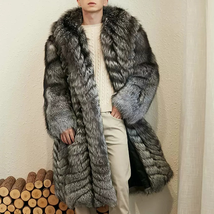 Dark Silver Splicing Pattern Real Fur Long Hooded Coat