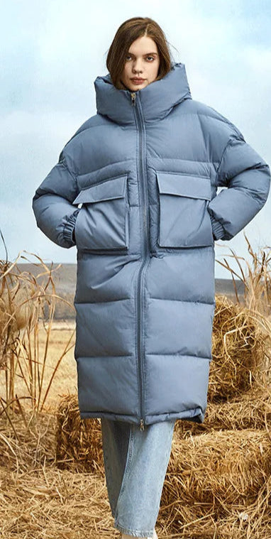 Big Pocket Long Puffer Coats Hooded Stand-Up Collar