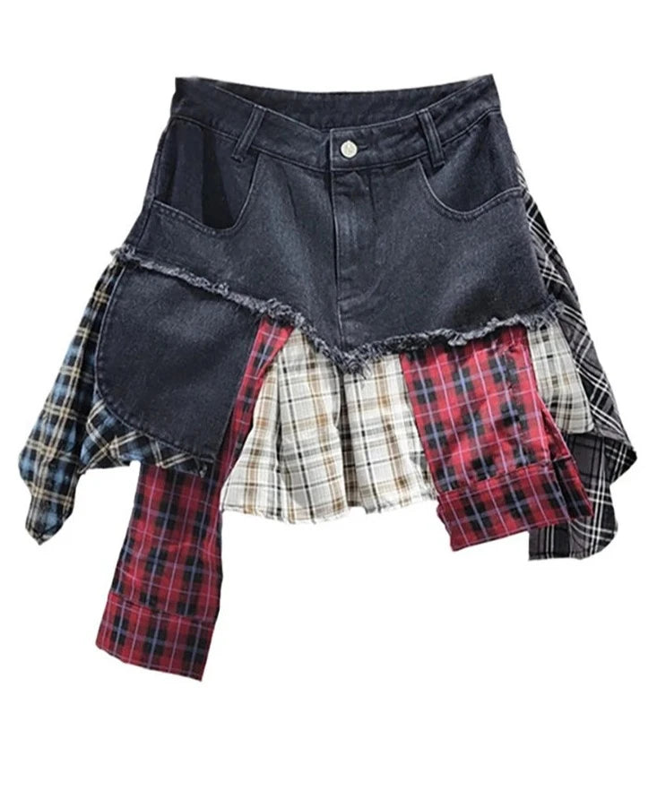 Denim Plaid Patchwork Irregular Mini Skirts