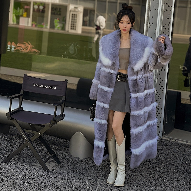 Luxury X-Long Fur Coat Detachable Big Fur Collar