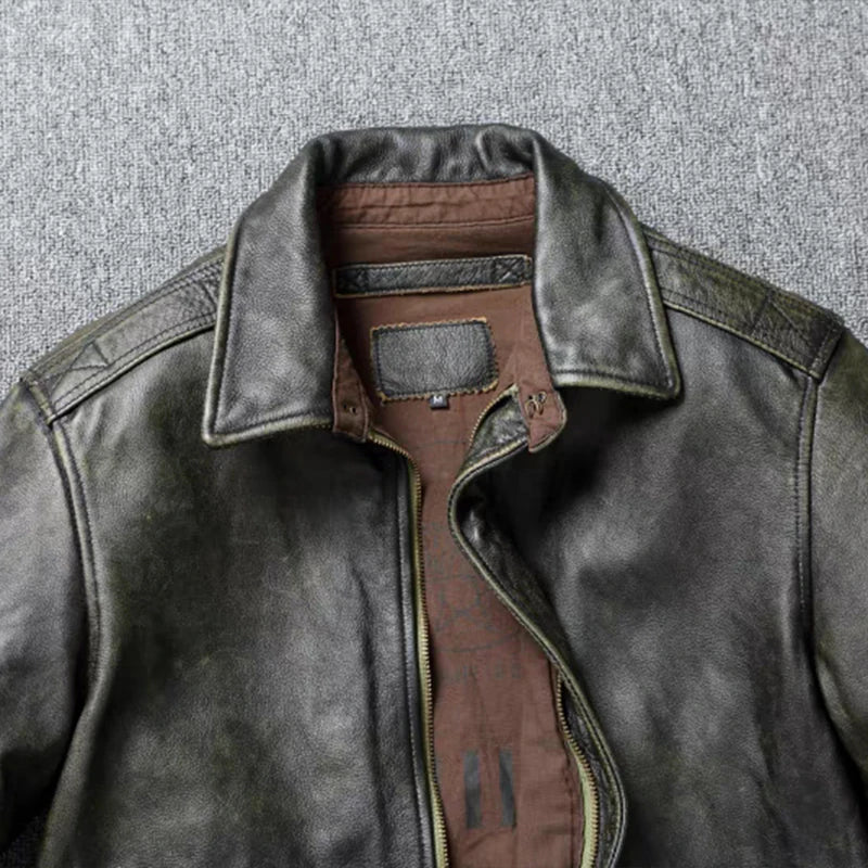 Green Genuine Leather Flight Jacket