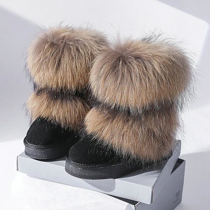 Genuine Leather Waterproof Snow Boots Real Fur