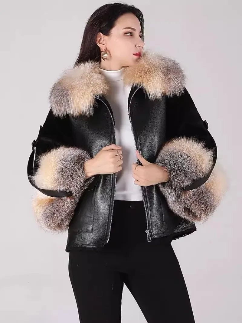 Genuine Leather Shearling Sleeve Real Fur Coats