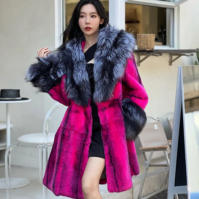 Real Rex Rabbit Fur Coats Fox Lapel Collar