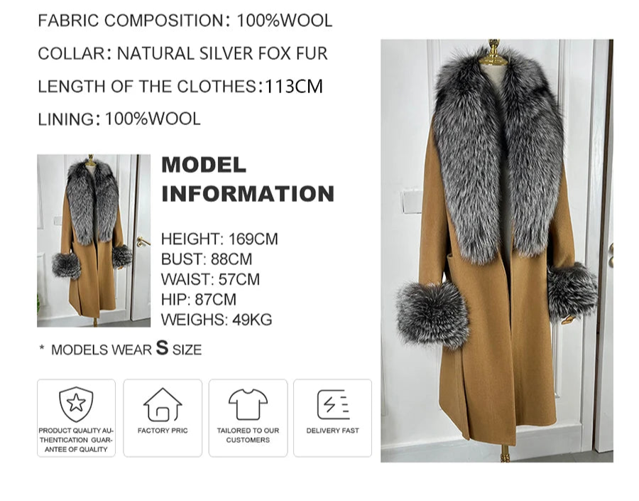 Cashmere Long Wool Coat Big Real Fur Collar Cuffs