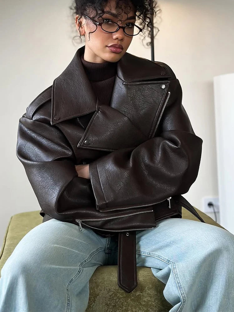 Women Chic Brown Leather Jacket With Belt Chic Full Sleeve Laple Zipper Short Coats 2025 Autumn New Ladies Street Biker Jackets