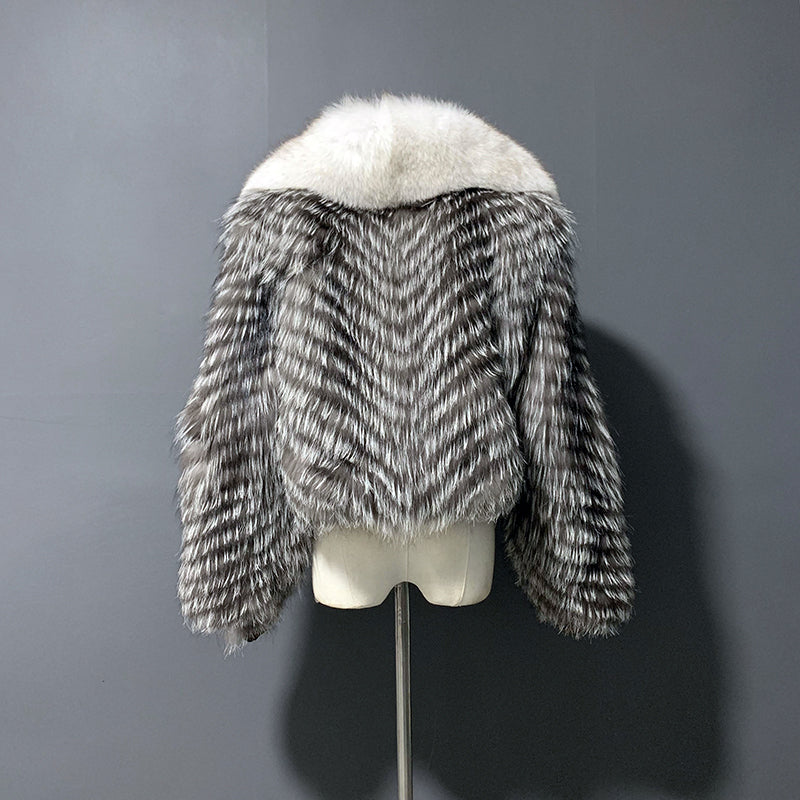 Striped Real Silver Fox Fur Coat with Big Fox Collar