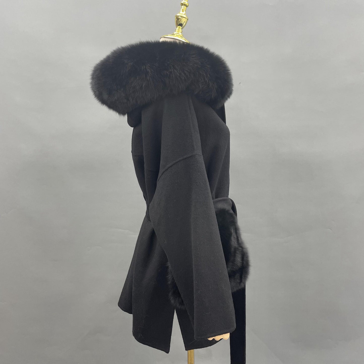 Cashmere Pea Coats Fur Trim Hood With Big Fur Pockets