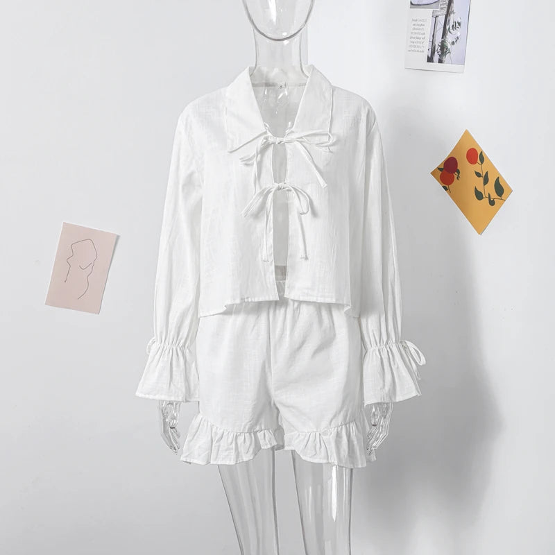 Tie Lantern Sleeve Blouse & Ruffles Shorts Sets