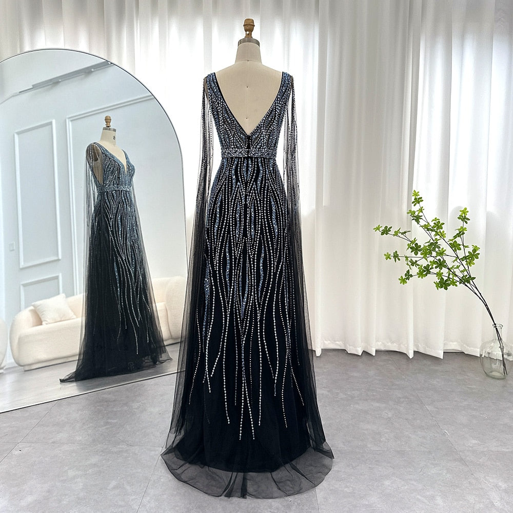 Crystal Stone Drip Mesh Sleeve Drape Gowns