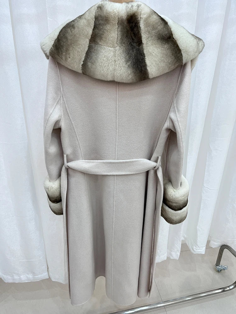 Long Cashmere Wool Coats Real Fur Collar & Cuffs