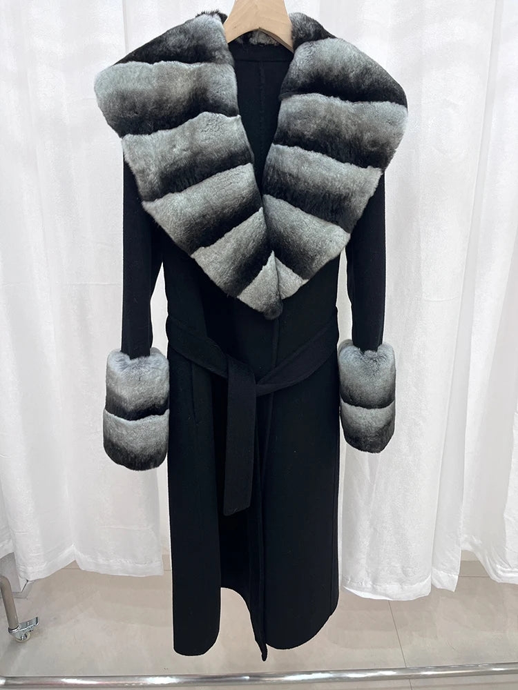 Long Cashmere Wool Coats Real Fur Collar & Cuffs