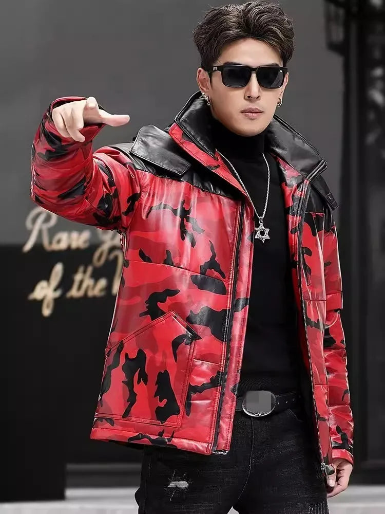 Red Camo Genuine Leather Down Coat