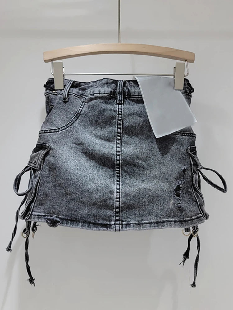 Denim Skirt Lace-up Ripped Cargo Mini Skirt