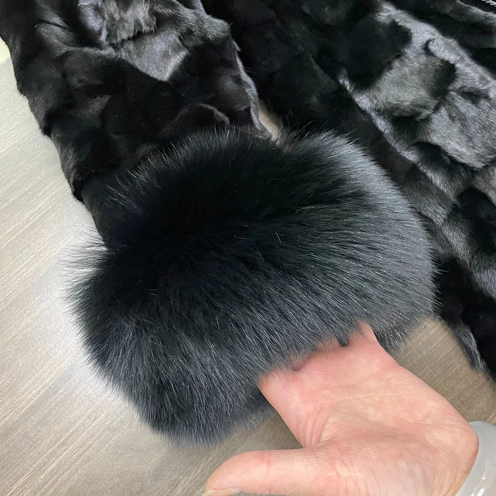 Real Mink fur Mid-length Coat Fox Fur Collar & Cuffs