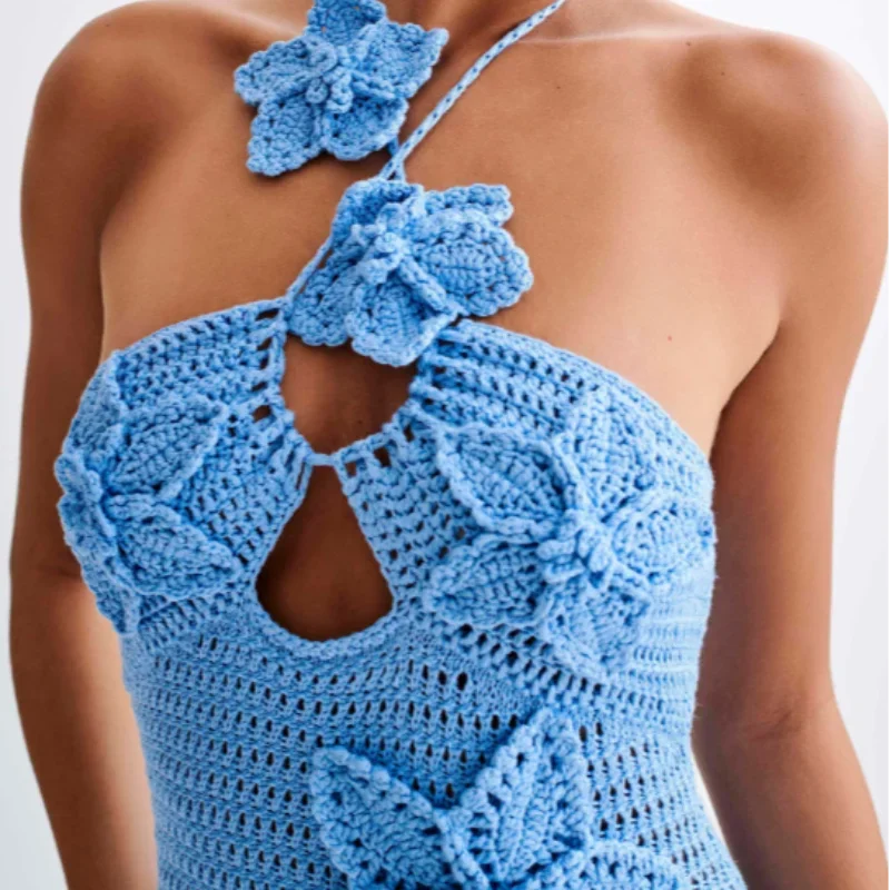 Crochet Halter Backless Hollow Maxi Dresses