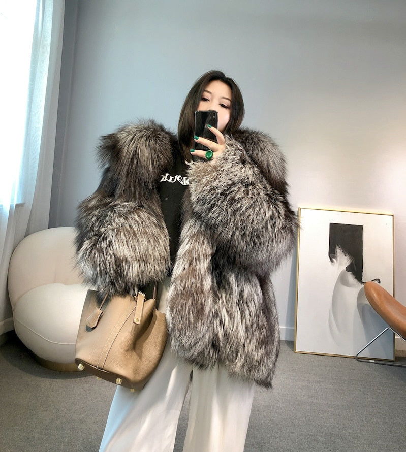 Luxury Dark Silver Real Fur Hooded Coat