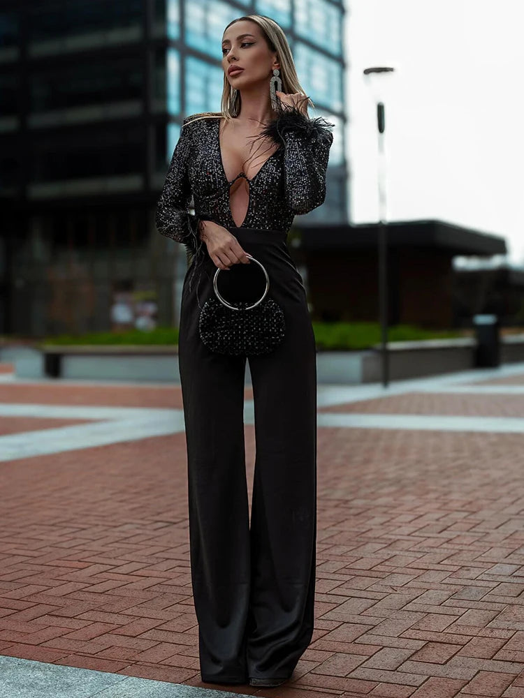 Sleeve Feather Cuff Deep V Sequin Jumpsuit